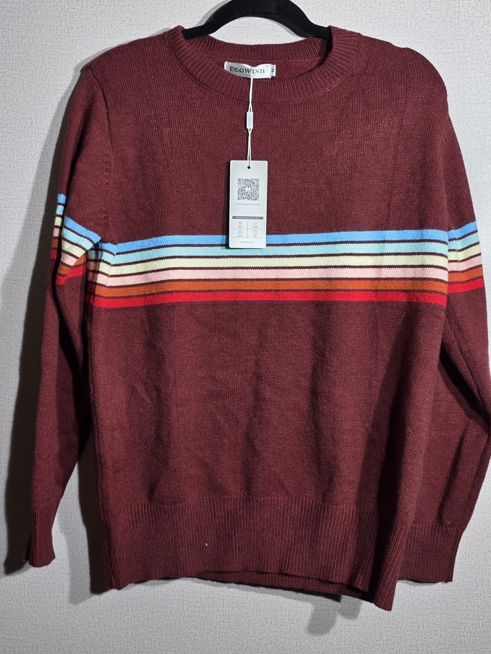 Ecowish Maroon Crewneck Sweater with Multicolor Chest Stripes